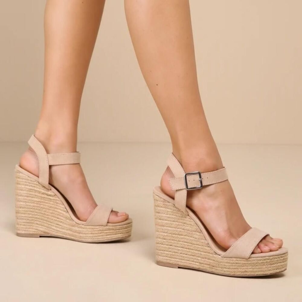 Lulus Beachy Dreams Natural Suede Espadrille Wedges Size US 8.5